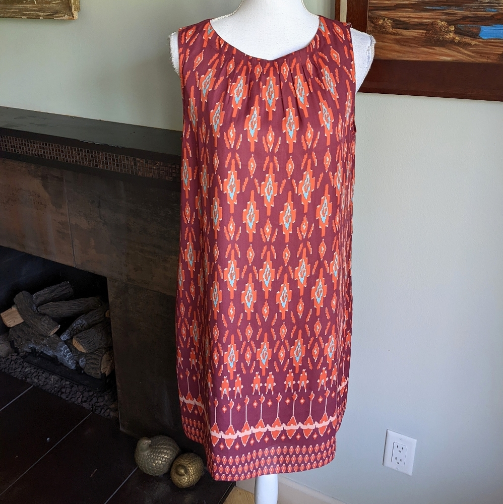 FOSSIL Ikat Print Sleeveless Shift Dress Medium Pleated Neckline Sleeveless 158